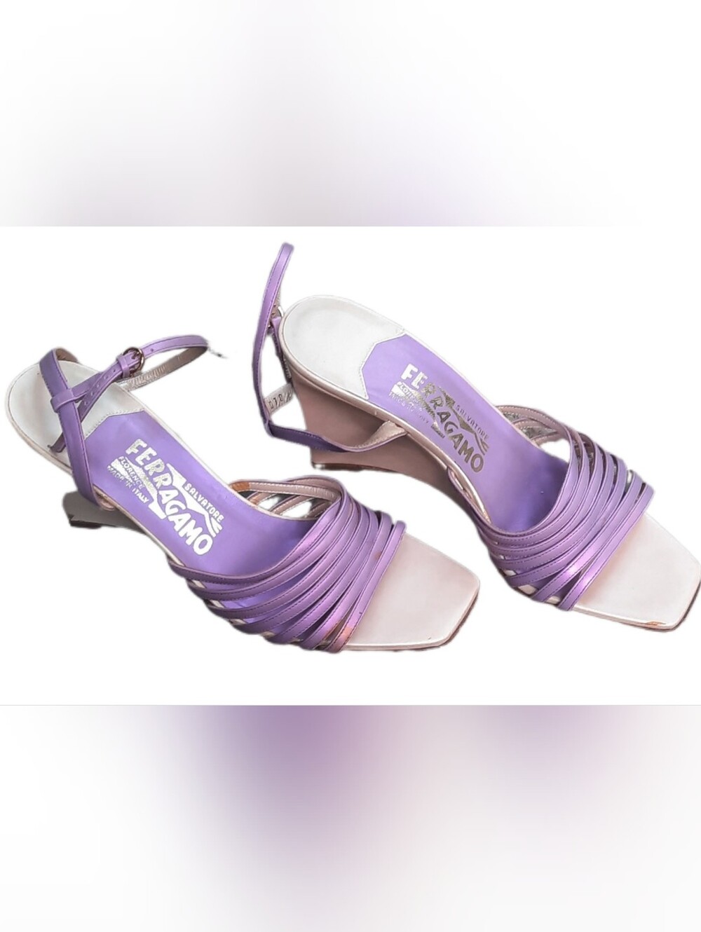 Salvatore Ferragamo purple Lilac metallic strappy wedge sandals Size 8.5 C